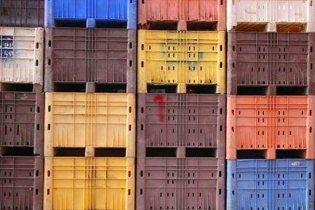 Large plastic crates for storing freshly collected fruit and vegetables.