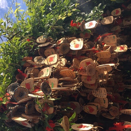 Close up shot of wooden wishing boardのeditorial素材