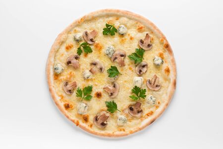 Italian pizza with blue cheese, mushrooms.の写真素材