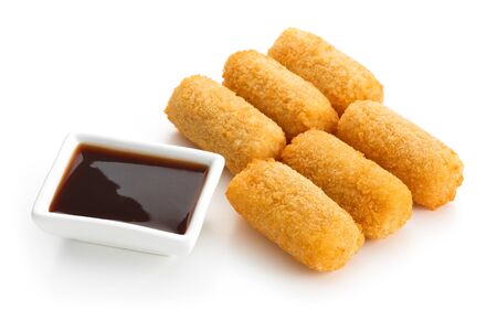 Fried Cheese Sticks Appetizers with sauce isolated on whiteの写真素材