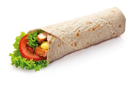 Kebab wrap with chicken nuggets and vegetables close up isolated on whiteの写真素材