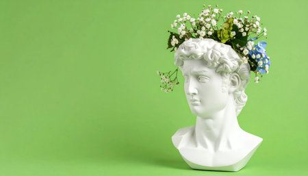 A plaster bust of a classical Greek-style sculpture is creatively decorated with a bouquet of fresh flowers, including baby's breath and blue hydrangeas, against a vibrant green background. The image blends ancient art with modern, natural elements.の素材
