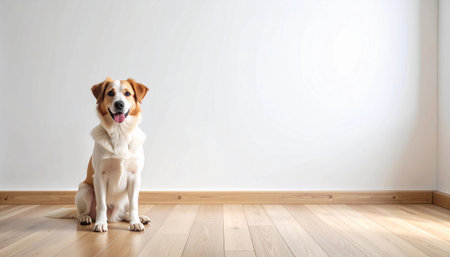 cheerful dog with brown and white fur sits attentively on a wooden floor against a plain white wall.の素材