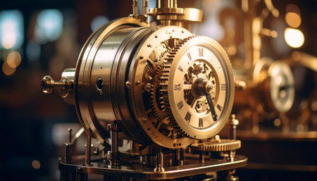 A detailed view of an elaborate, golden clock with visible gears and Roman numerals.の素材
