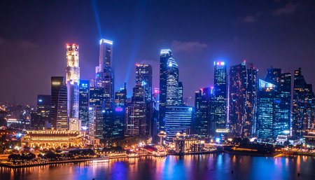 vibrant night cityscape of Singapore with brightly lit skyscrapers reflecting on the dark water of Marina Bay. backgroundの素材
