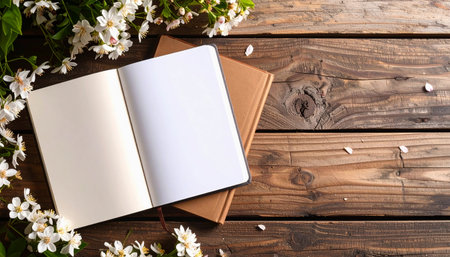 open notebook resting on a book, surrounded by white blossoms on a rustic wooden surface backgroundの素材