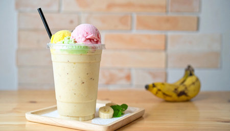 creamy banana smoothie topped with scoops of yellow, green, and pink ice cream, served with banana slices and mint.の素材