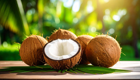 Several coconuts are placed on coconut leaves on a wooden surface. The background is blurred leaves and sunlight shining through.の素材