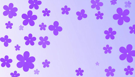 simple and cheerful pattern of violet cartoon flowers scattered across a light purple gradient background.の素材