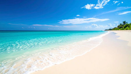 stunning view of a tropical beach with crystal-clear turquoise water meeting white sand under a bright blue sky.の素材