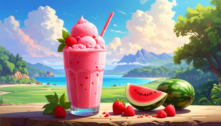 tall glass of pink smoothie topped with swirls and raspberries, alongside strawberries and a watermelon slice, set against a beautiful landscape with water, mountains, and sky.の素材