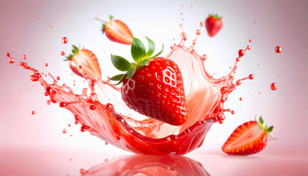 A central strawberry and slices are caught in a vibrant splash of red juice.の素材