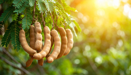 Clusters of brown tamarind pods hanging from a branch with green feathery leaves, bathed in sunlight.の素材