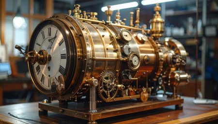 A detailed view of an elaborate, brass steampunk-style clock with visible gears and gaugesの素材