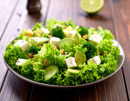 fresh and healthy green salad featuring lettuce, broccoli florets, avocado chunks, and feta cheese cubesの素材