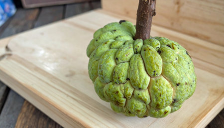 whole, green sugar-apple with its distinct bumpy texture, resting on a light wooden surface.の素材