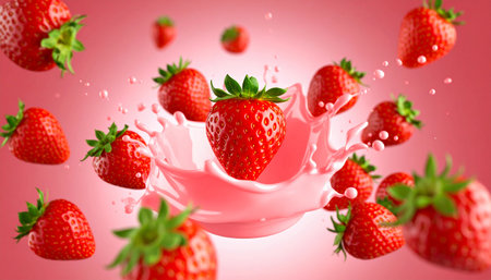 Fresh strawberries erupting from a splash of creamy pink milk against a gradient pink background.の素材