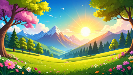 vibrant cartoon illustration of a picturesque valley at sunrise, with colorful trees, blooming flowers, and majestic mountains under a bright sky.backgroundの素材