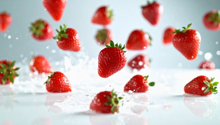 Multiple strawberries falling onto a water surface, creating splashes and ripples.の素材