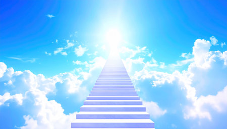 A bright image of white stairs extending upwards into a blue sky filled with fluffy white clouds and a radiant lightの素材