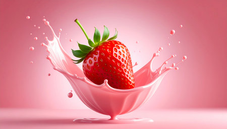 A single strawberry creating a dynamic splash in a smooth, light pink cream.の素材