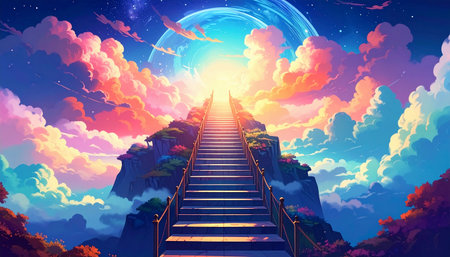 An imaginative illustration of a grand staircase climbing a rocky peak through colorful clouds towards a bright, celestial sky with a luminous haloの素材