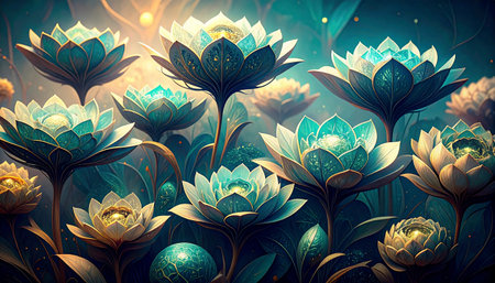 An artistic illustration of a garden filled with stylized teal and gold lotus flowers with a slightly mystical ambianceの素材