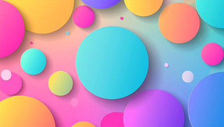 bright and cheerful abstract background featuring overlapping and layered circles in various vibrant colors with soft shadowsの素材