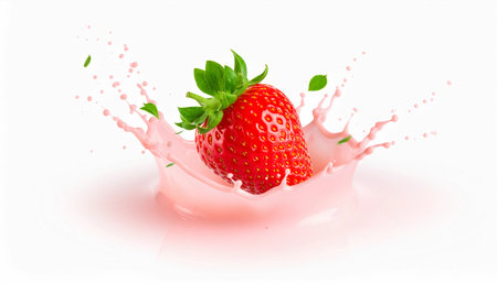 A single strawberry plunging into a splash of light pink liquid against a white background.の素材