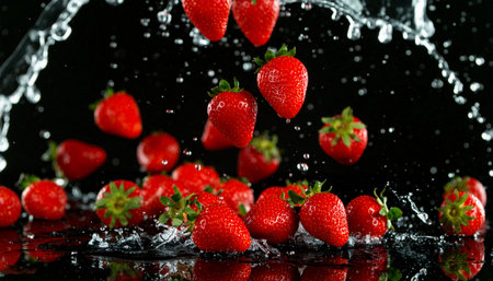 Ripe strawberries falling into water, creating dynamic splashes against a dark background.の素材