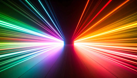 dynamic abstract image showing streaks of vibrant light in a spectrum of colors converging towards a central point on a dark backgroundの素材
