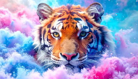 A majestic tiger image amidst a colorful smoke, like a dream, with eyes that convey power and mystery.の素材