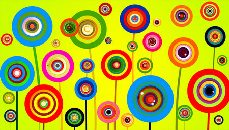 playful and colorful abstract design featuring various concentric circles on thin stems against a bright yellow background.の素材