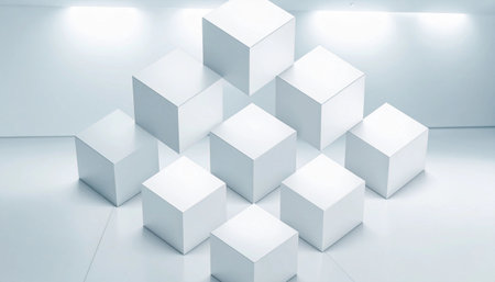 clean, minimalist arrangement of white cubes in a bright, evenly lit space.の素材