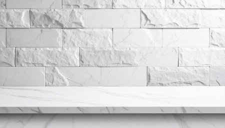 clean, minimalist scene featuring a textured white brick wall above a smooth white marble surface or shelfの素材