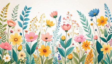 A charming illustration of a variety of colorful flowers and foliage on a light background, perfect for cheerful designs.background,の素材