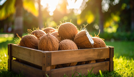 Wooden crates filled with coconuts are placed on a green lawn. The sunlight shines through, creating a warm atmosphere.の素材