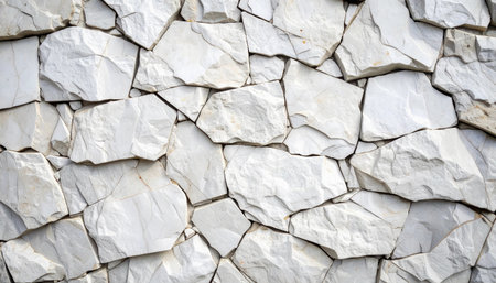 textured wall constructed from irregular pieces of white stoneの素材