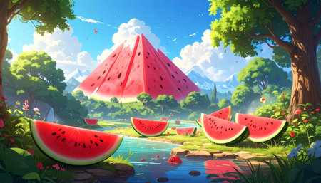fantastical landscape featuring giant watermelon slices and a watermelon pyramid by a serene river under a bright sky.の素材