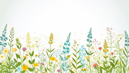 delicate illustration of a variety of colorful wildflowers and grasses forming a banner at the bottom with ample white space aboveの素材