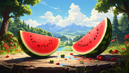 Two large watermelon slices resting on a rocky surface overlooking a scenic landscape with mountains, trees, and a river under a partly cloudy skyの素材