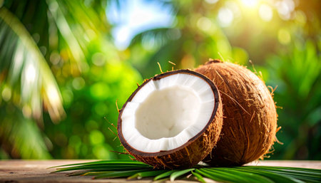 Whole and halved coconuts are placed on coconut leaves on a wooden background. The background is bright green leaves and soft sunlight.の素材