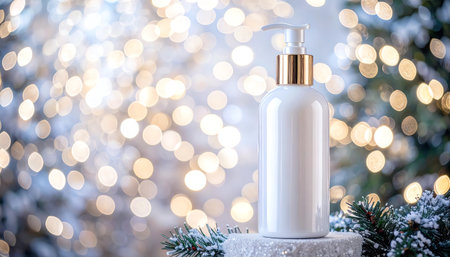 A white, unbranded lotion or soap dispenser bottle with a gold pump top, sitting on a snowy, glittery pedestal. The blurred background is filled with warm, festive golden bokeh lights and hints of frosted pine branches, creating a holiday, winter skincare, or Christmas theme. Perfect for seasonal cosmetic and product marketing.の素材
