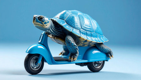 A blue-shelled turtle is riding a bright blue scooter on a light blue background, showcasing an unexpected and amusing form of transportation.の素材
