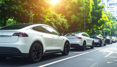 A line of clean, modern electric vans drives along a highway with a beautiful mountainous landscape in the background. The image evokes a sense of efficiency and a commitment to green logistics and sustainable transportation in harmony with nature. Perfect for themes of eco-friendly fleets, long-distance delivery, and future technology.の素材