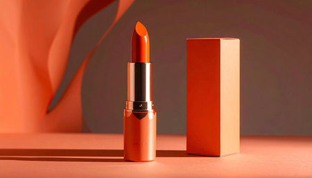 Vibrant orange-red lipstick and sleek packaging on a stylish, warm-toned background. Perfect for beauty, makeup, cosmetics, or fashion themes.の素材