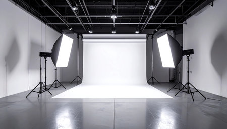 Wide shot of a modern, empty photography studio featuring a white seamless paper backdrop and two large, balanced softbox lights set up for professional product or portrait shooting. Excellent for advertising mockups and creative concepts.の素材
