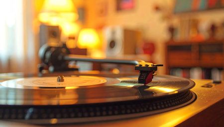 Extreme close-up of a turntable's cartridge and needle playing a spinning vinyl record, set against a cozy, warm, and blurry home interior background. Focuses on music, fidelity, and analog experience.の素材