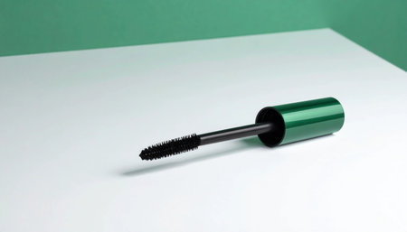 Professional studio shot of a deep emerald green mascara cap and wand, with the brush in focus, set against a clean white and gradient green background. Perfect for beauty and cosmetic product marketing.の素材