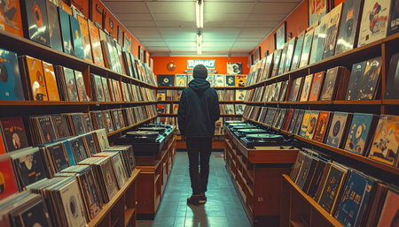 Long shot of a retro 90s-styled record store aisle, with shelves packed with vinyl albums and a customer (from behind) browsing the selection. Captures the nostalgic atmosphere of music discovery and collecting.の素材